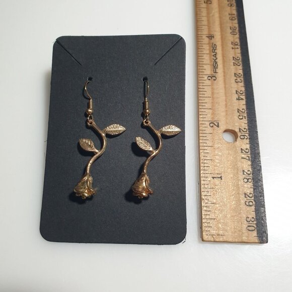Gold Tone Rose Dangling Earrings Leaf Hook Backings Lightweight Jewelry Mom Gift - Picture 3 of 4